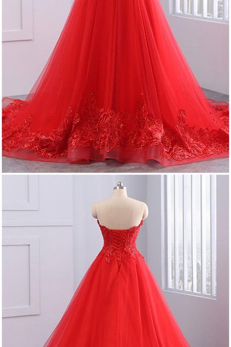Red Tulle Strapless Long A-line Customize Lace Evening Dress, Prom Dress