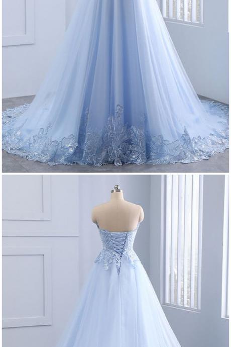 Sweetheart Neck Blue Lace A-line Long Graduation Dress, Blue Tulle Senior Prom Dress