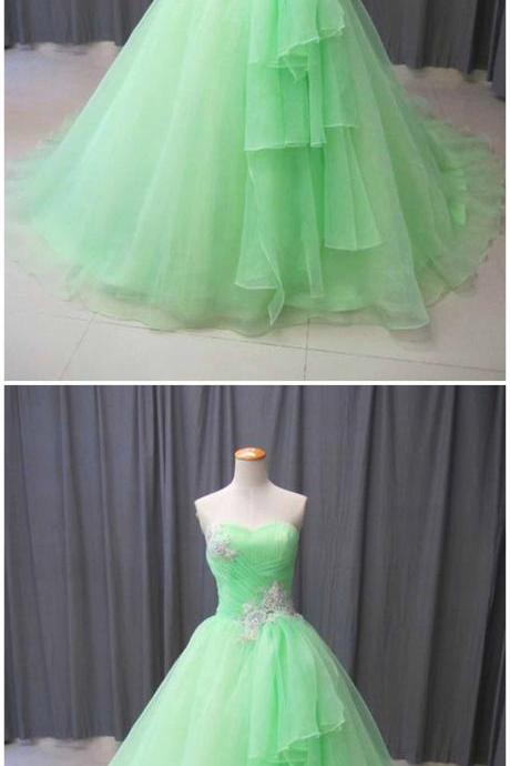 Apple Green Tulle Sweetheart Neck Long Ruffles Evening Dress, Beaded Formal Prom Dress
