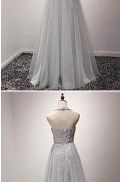 Simple Gray Tulle Backless O Neck Long Beaded Prom Dress