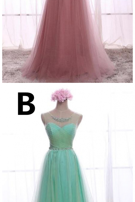 Pink Tulle Scoop Neck Simple Long Prom Dress, Long Beaded Belt Evening Dress