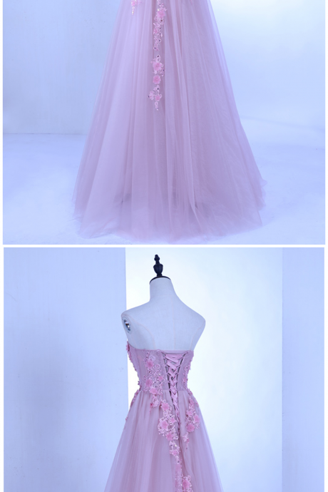 Sweetheart Neck Pink Tulle Long Lace Appliqué Sweet 16 Prom Dress, Evening Dress