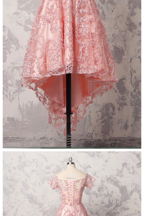 Pretty Pink Lace Short Sleeve High Low A-line Prom Dress