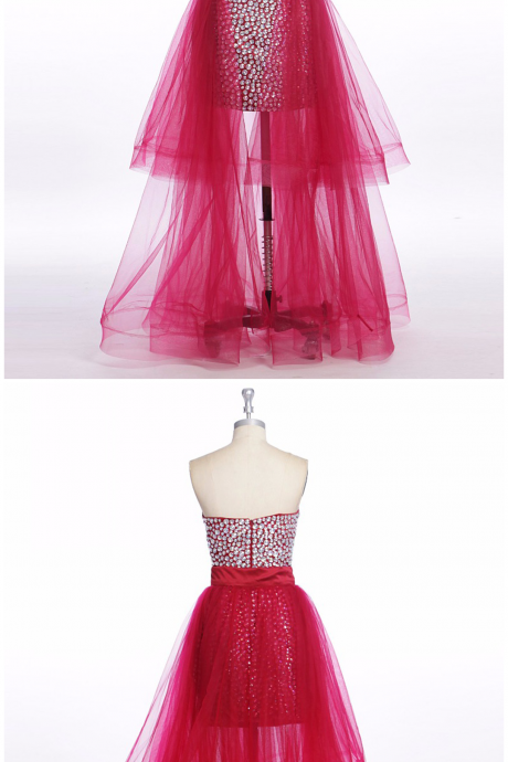 Pink Tulle Sweetheart Long Beaded Party Dress With Removable Skirt