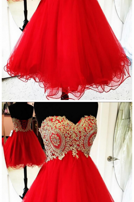 Red Tulle Party Dress,a Line Short Prom Dress, Strapless Lace Appliques Party Dress,beaded Prom Gowns Prom Dresses