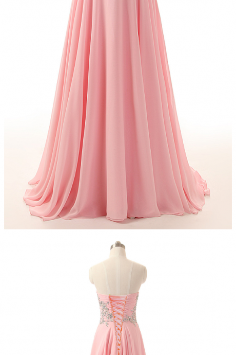 Charming Prom Dress,beads Pink Chiffon Prom Dresses,sheer Back Prom Dress,long Prom Dresses