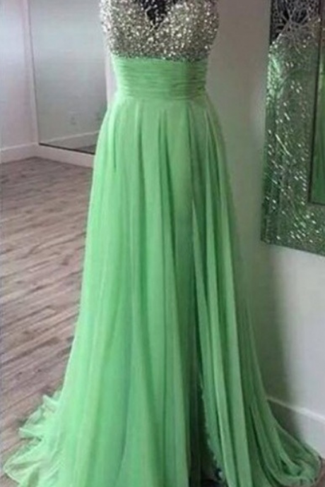 Boat Neck Sleeveless Chiffon Dress With Sashes A Line Floor Length Long Apple Green Prom Dress