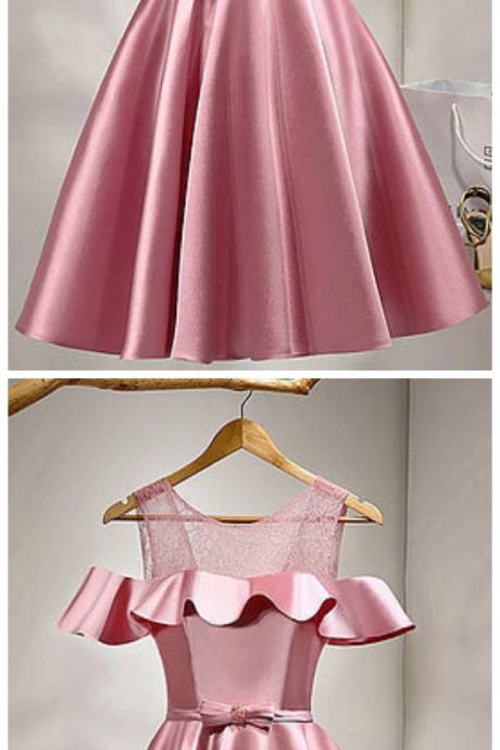 Pink Satin Short Off Shoulder Bowknot Homecoming Dresses