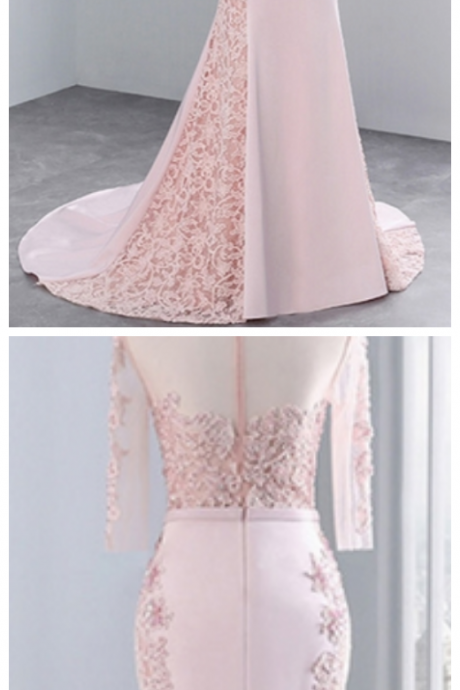 Pink Middle Sleeves, Lace Prom Dresses, Mermaid Party Evening Dress For Graduation,floor Length Formal Dress