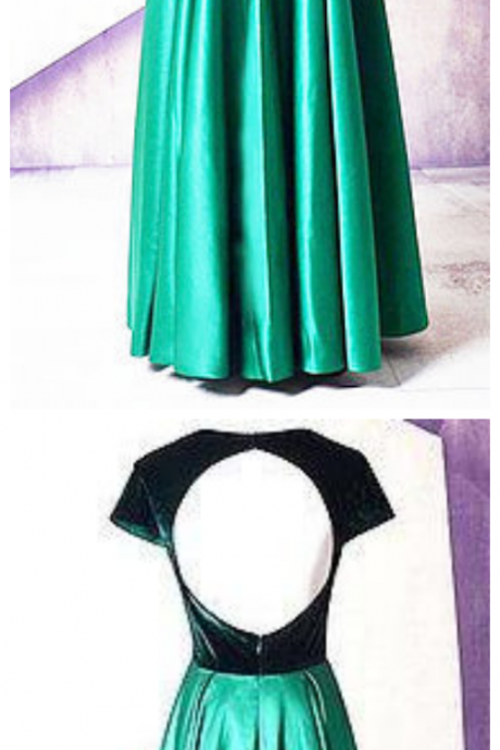 Emerald Satin V Neck Short Sleeve Long Evening Dress, Long Velvet Prom Dress
