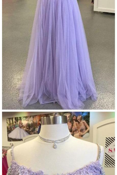 Light Purple Tulle Long Prom Dress,two-piece Lace Evening Dress,off The Shoulder Prom Party Gowns,off The Shoulder A Line Long Tulle Top Lace