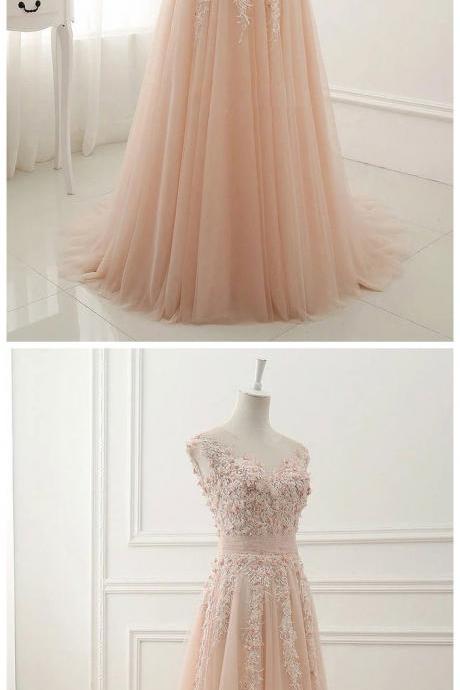 Pink Round Neck Lace Applique Tulle Long Prom Dress, Tulle Evening Dress,a Line Cap Sleeves Long Tulle Pink Sexy Prom Dress,cap Sleeves Long Lace