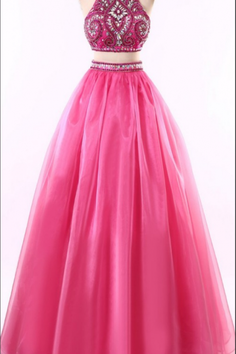 Two Piece Halter Neck Prom Dress,floor-length Chiffon Prom Gown