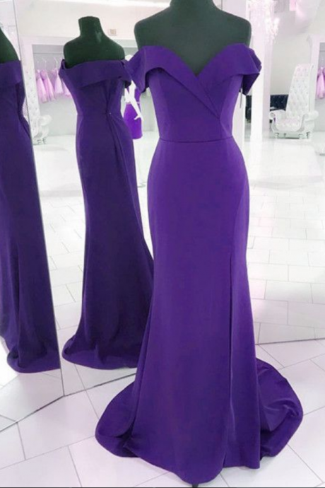 V-neck Off Shoulder Long Purple Prom Dresses Mermaid Evening Gowns With Split