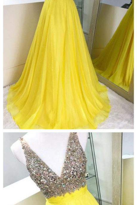 Yellow V Neck Chiffon Beaded Long Prom Dress, Yellow Evening Dress