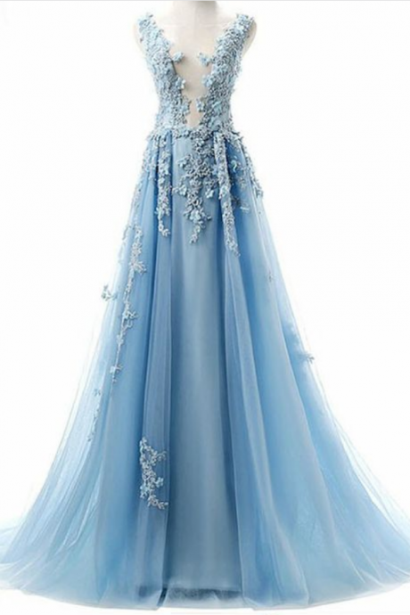 A-line Blue Tulle Prom Dress With Appliques, Long Formal Dress For Teens