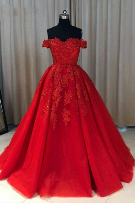 Red Off Shoulder Ball Gowns For Special Occasion, Fashion Formal Evening Dresses, Fashion Prom Dresses With Train
