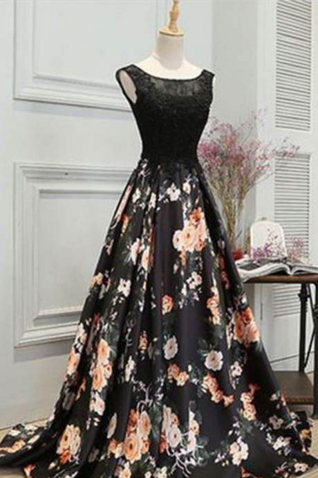 Elegant Black Floral Prom Party Dresses, Formal Evening Gowns With Appliques