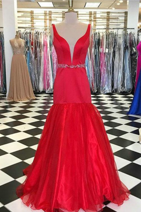 Red Mermaid Prom Dresses With Deep V Neck Elegant Long Prom Gowns With Belt Beaded P3271