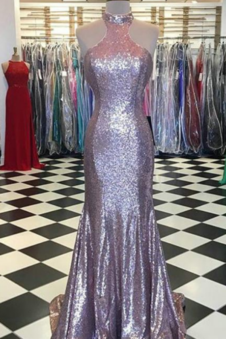 Sparkly Mermaid Prom Dresses With Halter Sequins 2018 Long Prom Party Gowns P3263