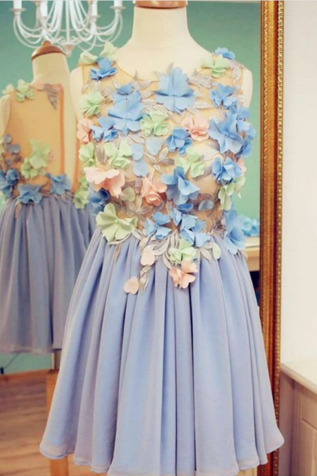 Cute Round Neck Embroidery Lavender Short Homecoming Dress with Flowers