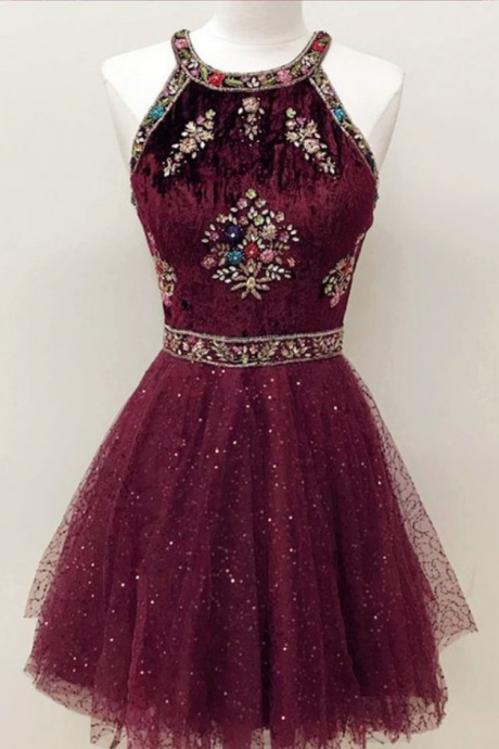 Sparkly Halter Burgundy Short Homecoming Dress With Beading