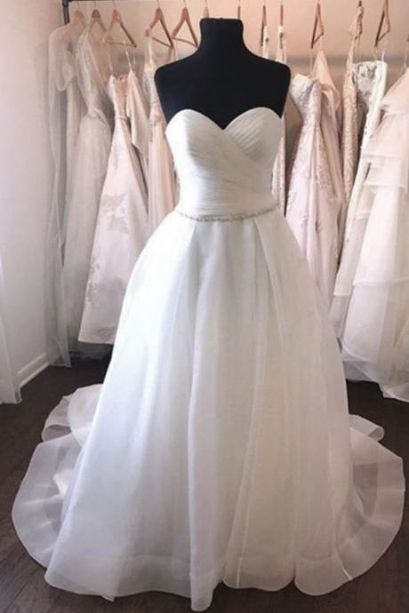 Pleated Sweetheart Crystal Beaded Sashes Organza Wedding Dresses Ball Gowns