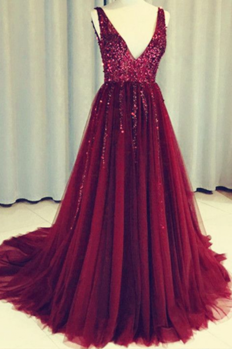 Deep V Neck Long Tulle Split Prom Evening Dresses With Sequins And Beads