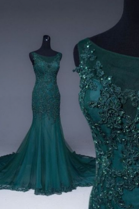 Lace Prom Dresses, Emerald Green Tulle Mermaid Prom Dresses Lace Appliques Formal Dress