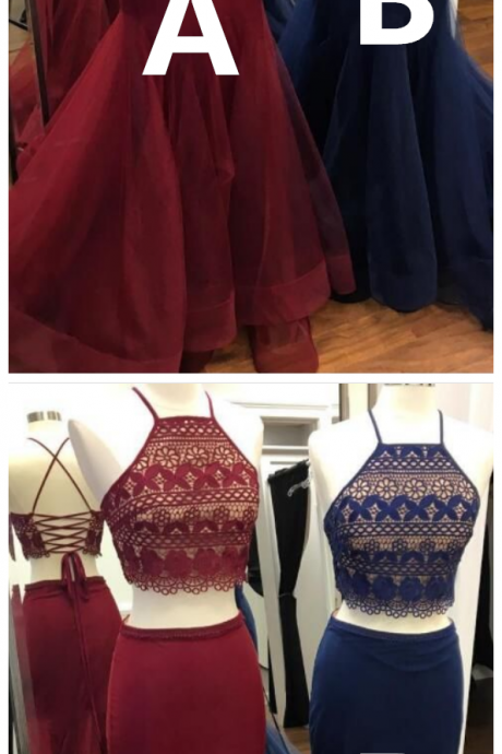 Two Piece Long Prom Dresses, Burgundy Mermaid Long Prom Dresses, Navy Blue Long Prom Dresses, Straps Party Dresses P3144