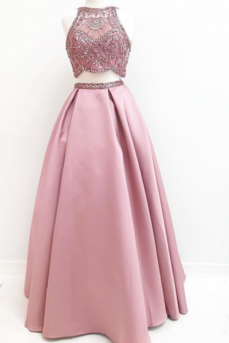 Two Piece Blush Pink Long Prom Dress, Gorgeous Beaded Long Prom Dress, Party Dress P3122