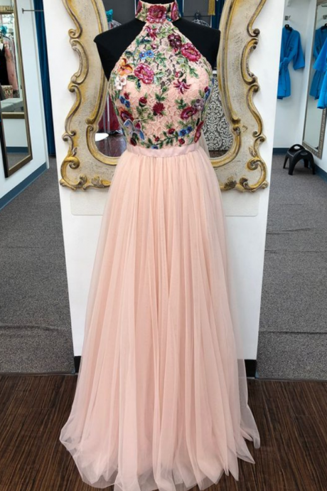 Elegant High Neck Pink Long Prom Dress With Floral Embroidery, 2k18 Prom Dress Homecoming Dress P2998