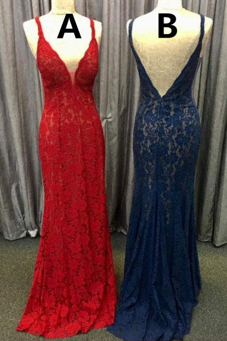 Modest Red Lace Mermaid Prom Dresses, Simple Navy Blue Backless Party Dresses, Elegant Deep V Neck Sweep Train Evening Gowns P2947