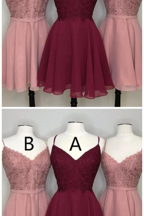 Sassy Wedding Pink/burgundy Sleeveless V-neck Applique Mini Evening Dress Chiffon Spaghetti-straps Homecoming Dress