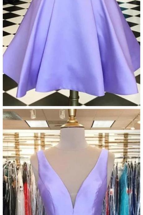 Sassy Wedding Simple Short Purple V-neck Mini Evening Dresses Purple Satin Sleeveless Homecoming Dresses