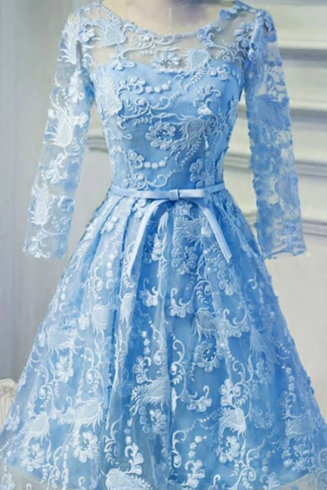 Sassy Wedding Bateau 3/4 Sleeves Keyhole Back Blue Lace Homecoming Dress