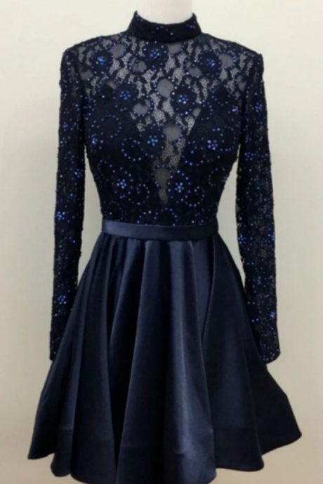 Sassy Wedding Dark Blue Lace Short Prom Dress, Lace Cute Homecoming Dress
