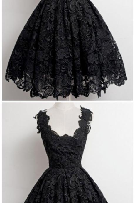 Sassy Wedding Vintage A-line Knee-length Black Lace Prom Homecoming Dress