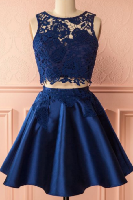 Sassy Wedding Two Pieces Navy Blue Satin Homecoming Dresses
