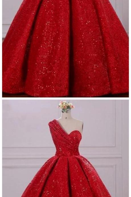Sassy Wedding Ball Gown One Shoulder Sequins Red Sweetheart Prom Dresses,Quinceanera Dresses