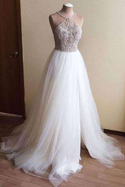Sassy Wedding White Tulle Crystal Beaded Wedding Dress, White Side Split Prom Dress