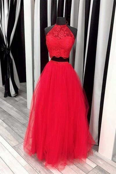 Sassy Wedding Red Tulle Two Pieces Lace O-neck A-line Long Dress,graduation Dress