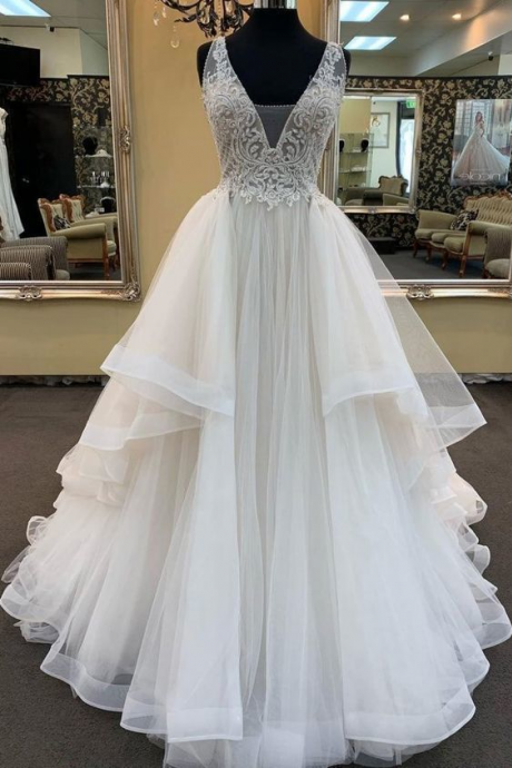 Sassy Wedding White Tulle Lace Custom Size Long Prom Dress, Ruffles White Wedding Dress