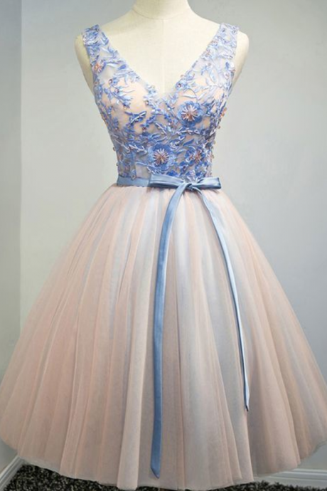Sassy Wedding Unique Blue With Pink Short Formal Party Dress With Beading Sash