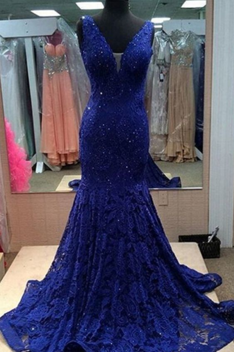 Sassy Wedding Royal Blue Lace Long Mermaid Prom Dress V Neck Evening Dress