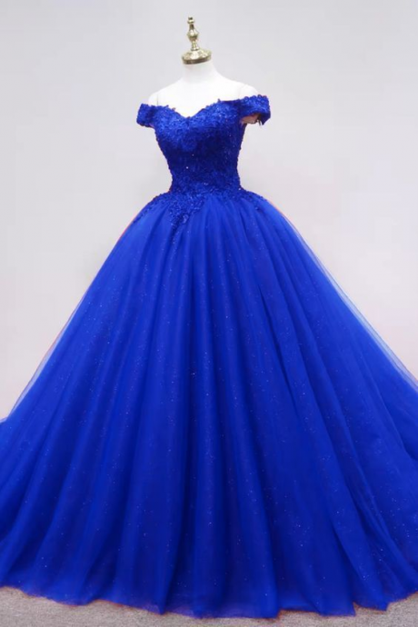 Sassy Wedding Royal Blue Tulle Ball Gown Appliques Off The Shoulder Quinceanera Dresses