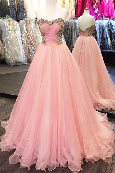 Sassy Wedding Ball Gown Pink Crystal Organza Prom Dress,charming Prom Dresses,sleeveless Tulle Evening Dress