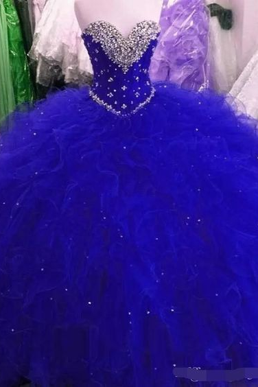 Sassy Wedding Sweetheart Neck Royal Blue Crystal Beading Tulle Quinceanera Dresses, Ruffles Ball Gown Prom Dresses
