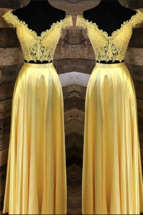 Sassy Wedding Off Shoulder Yellow Two Piece Prom Dress, Lace Evening Dress