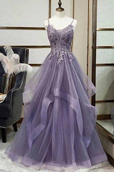 Elegant A Line Spaghetti Straps Purple Tulle Long Prom Dress With Appliques
